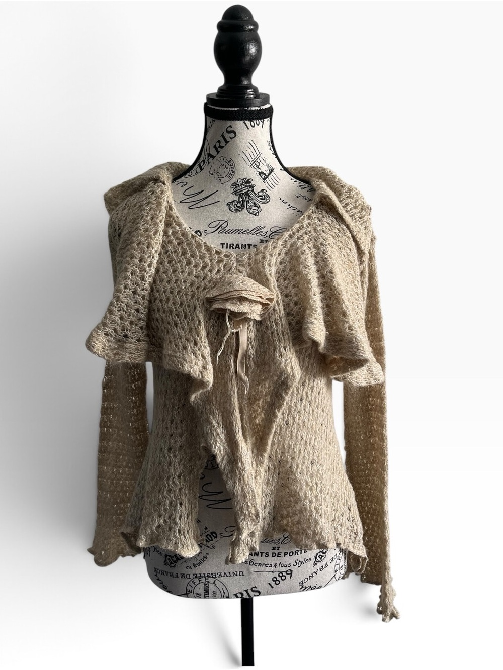 Y2K Coquette Terra Nostra Beige Cream Knit Cardigan Ruffle Collar Romantic Fairy